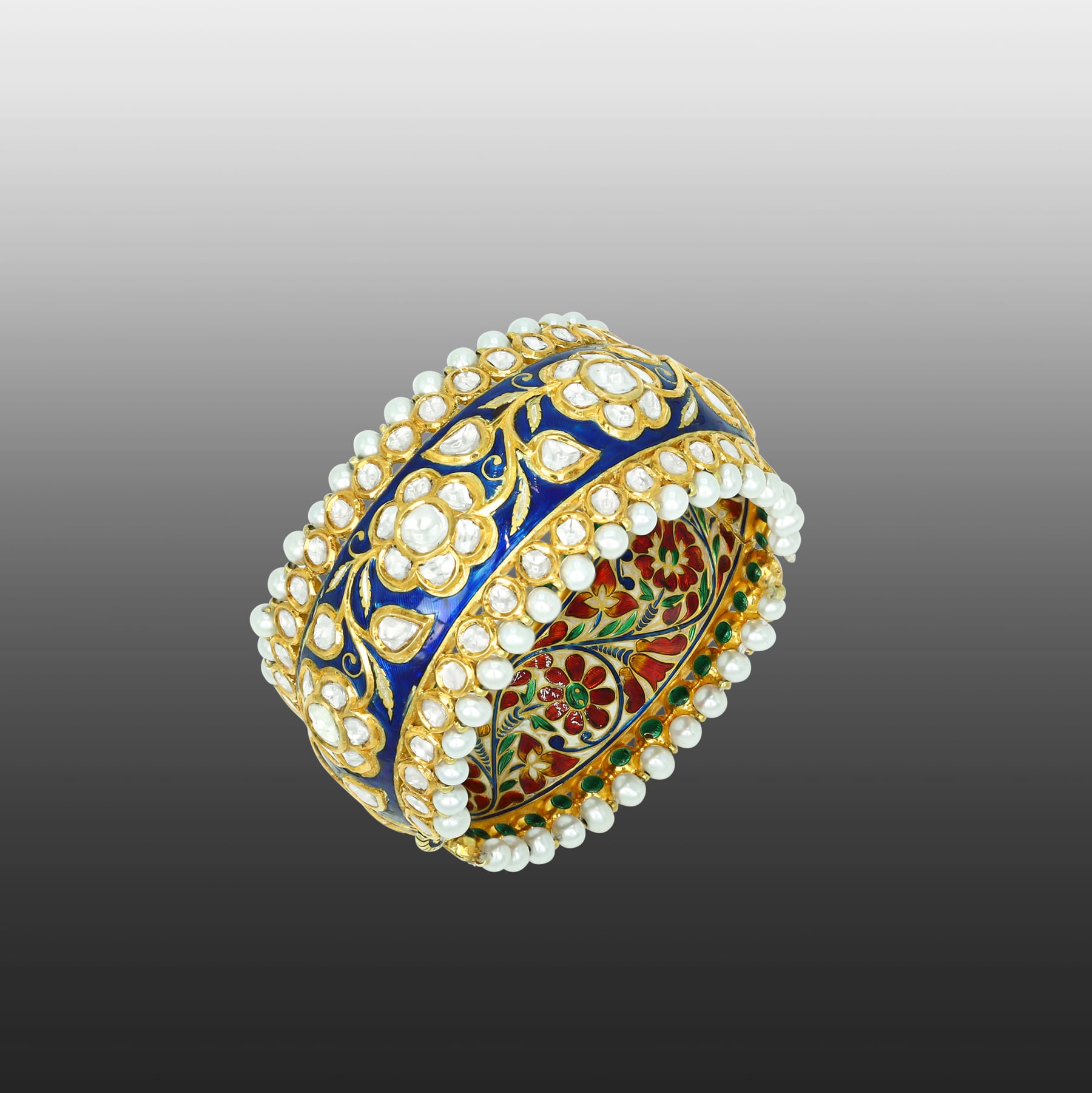 Indigo Enamel Bangle with Polki Florals and Pearl Edges